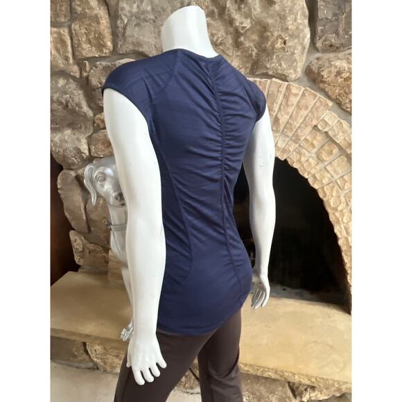 Athleta Front Zip Ruched Cap Sleeve Blue Short Sleeve Shirt Women's Size Small - Picture 2 of 6